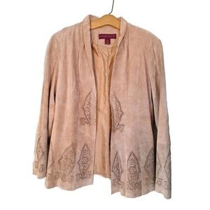 Tan Suede Boho Leather Open Front Bell Sleeve Jacket Women Size